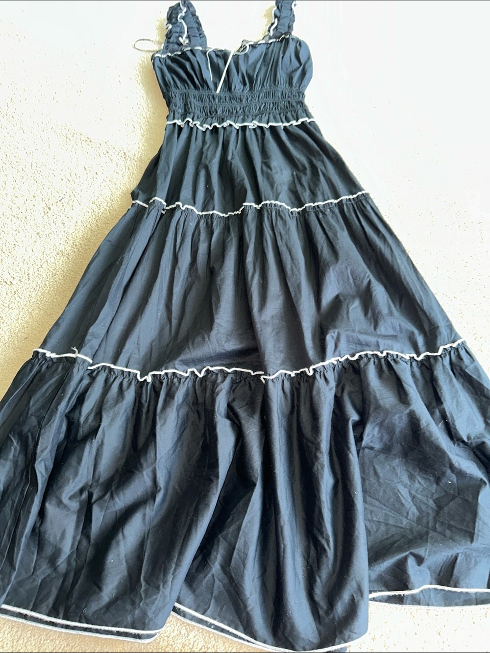 Francesca's Black Tiered Maxi Dress with Smocked Bodice and Ruffled Straps - Picture 3 of 11